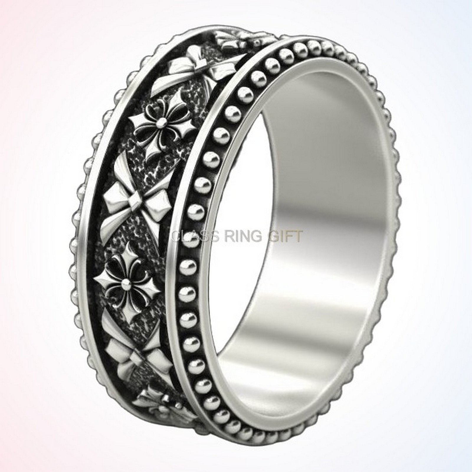 Personalized gift ring 2, inner band angle showing cross pattern