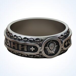 Christian gift cherub orthodox ring in oxidized 925 sterling silver with angel motif
