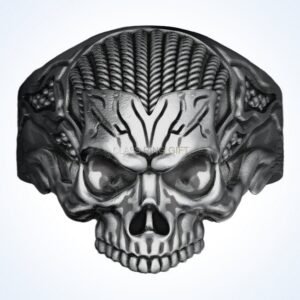 gift for him skull bikers ring, oxidized sterling silver, braided hair detail
