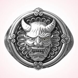 Gift for him Japanese hannya male demon ring front view with curved horns