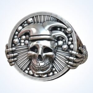 gift for him jester jocker skull ring, oxidized 925 silver with skeletal hands