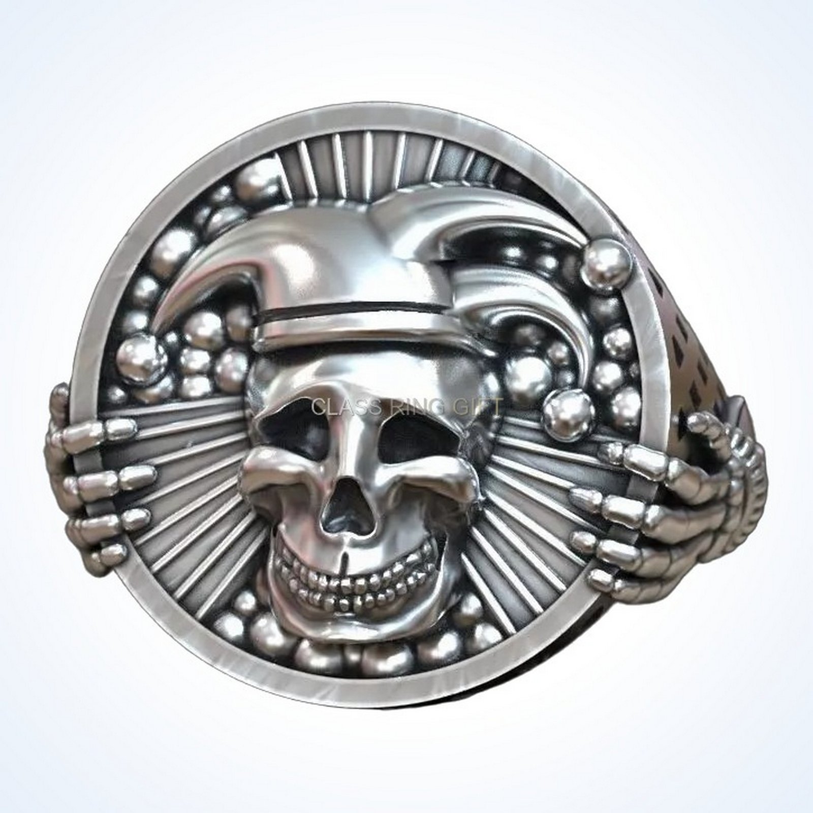 gift for him jester jocker skull ring, oxidized 925 silver with skeletal hands