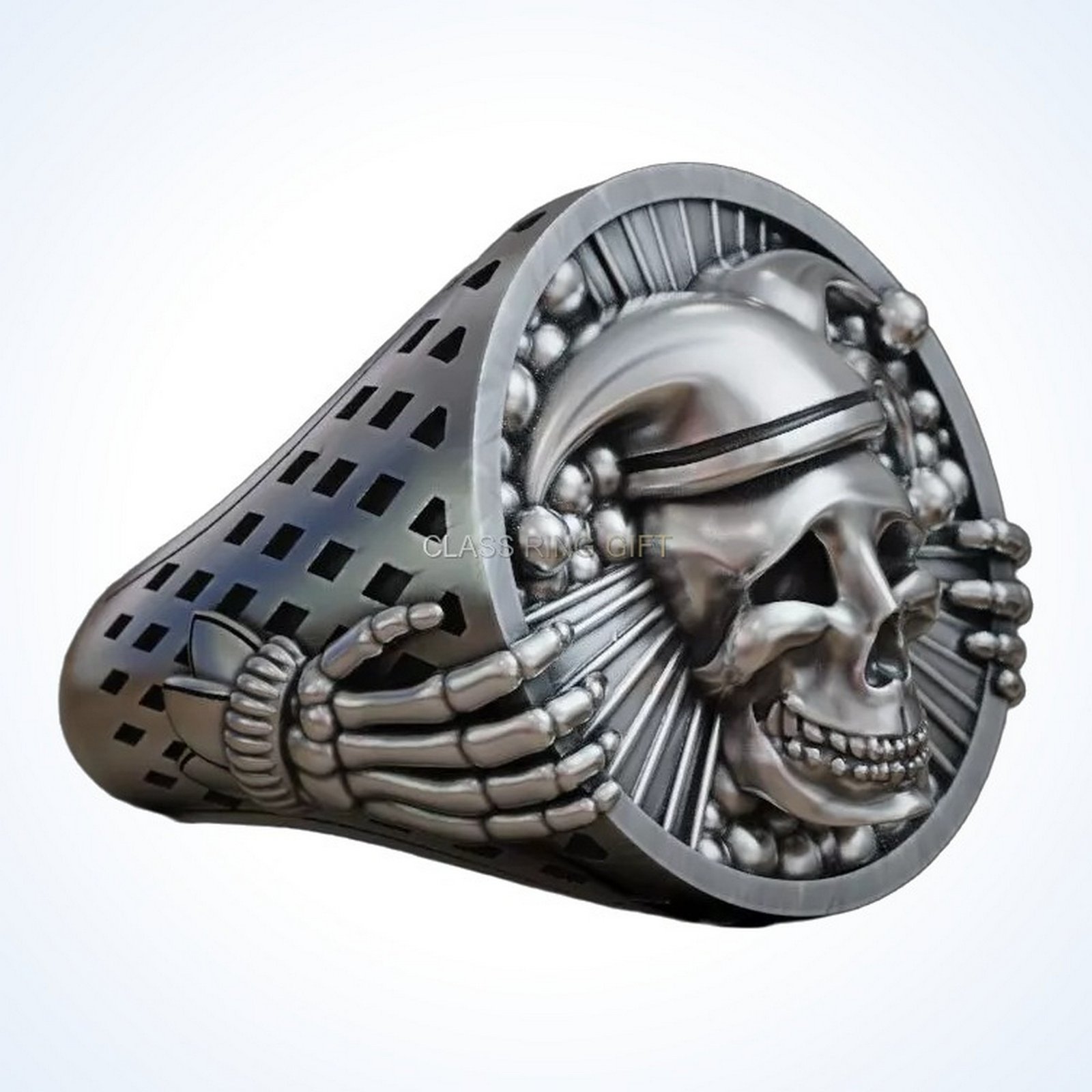 gift for him jester jocker skull ring, oxidized 925 silver with skeletal hands