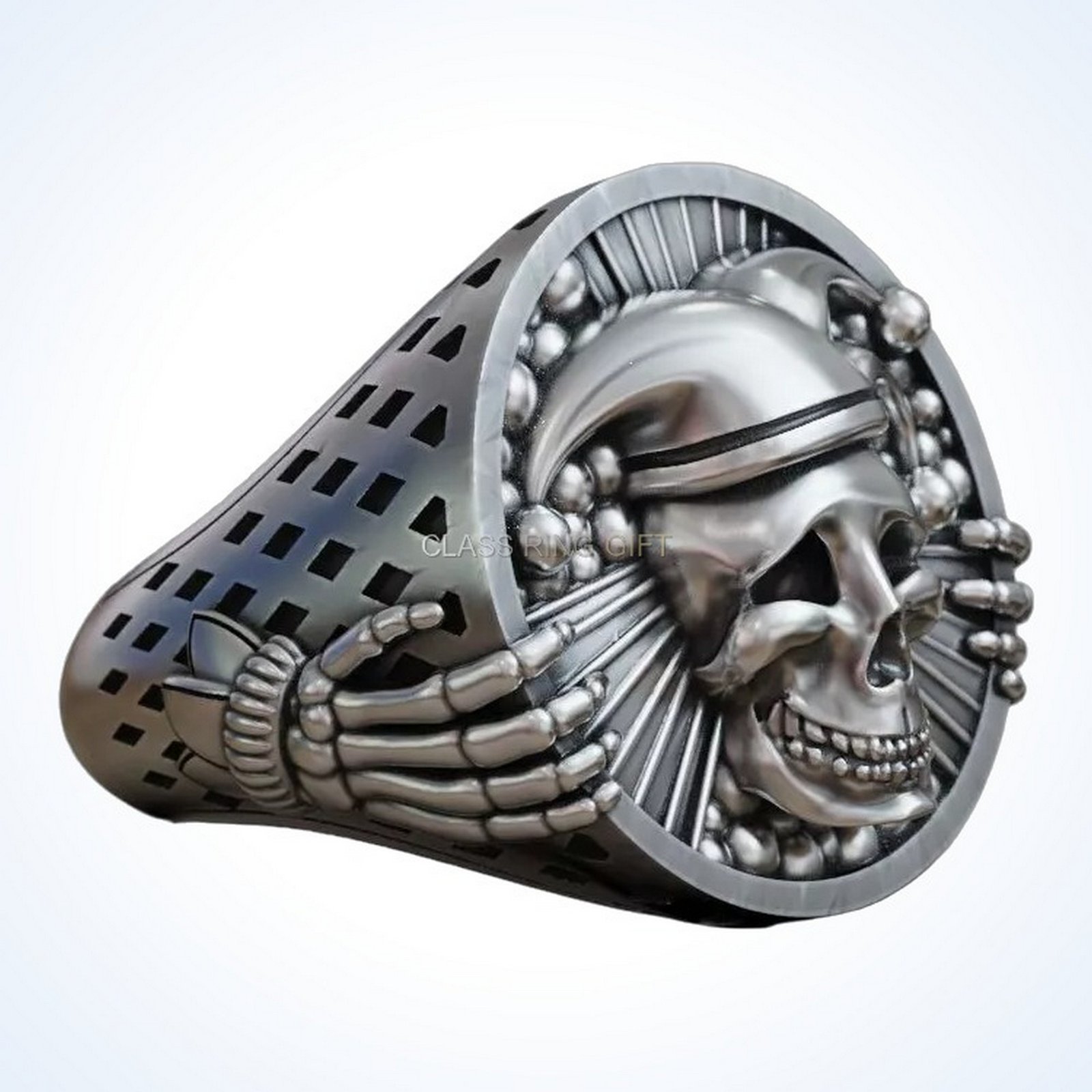 gift for him jester jocker skull ring, oxidized 925 silver with skeletal hands