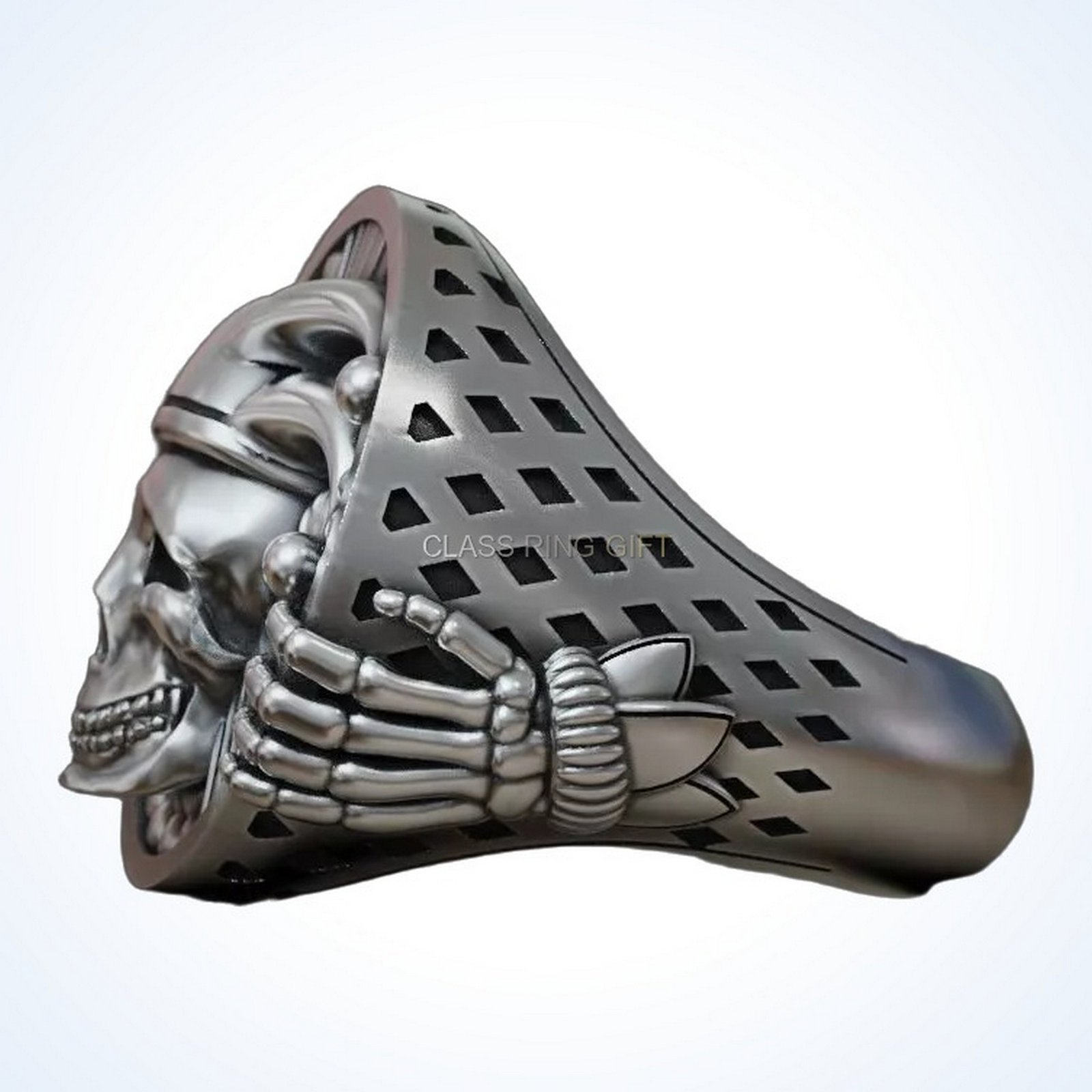 gift for him jester jocker skull ring, oxidized 925 silver with skeletal hands