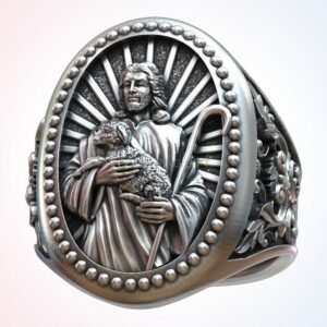 Holding Christian gift Jesus Christ ring with lamb, oxidized 925 silver