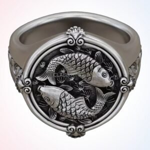 Anniversary gift koi fish ring, handcrafted 925 sterling silver signet with two swimming koi carp an