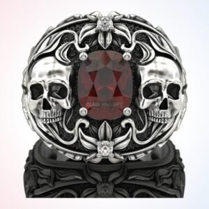 personalized gift life death ring with dual skulls and ornate baroque scroll frame