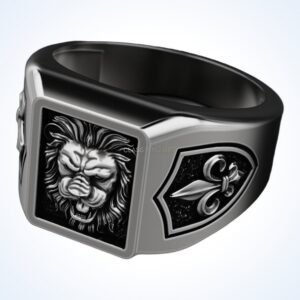 Gift for him lion heraldic ring with oxidized 925 silver lion head and fleur-de-lis shields