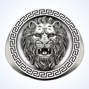 gift for him lion pendant ring, roaring lion head, Greek key border