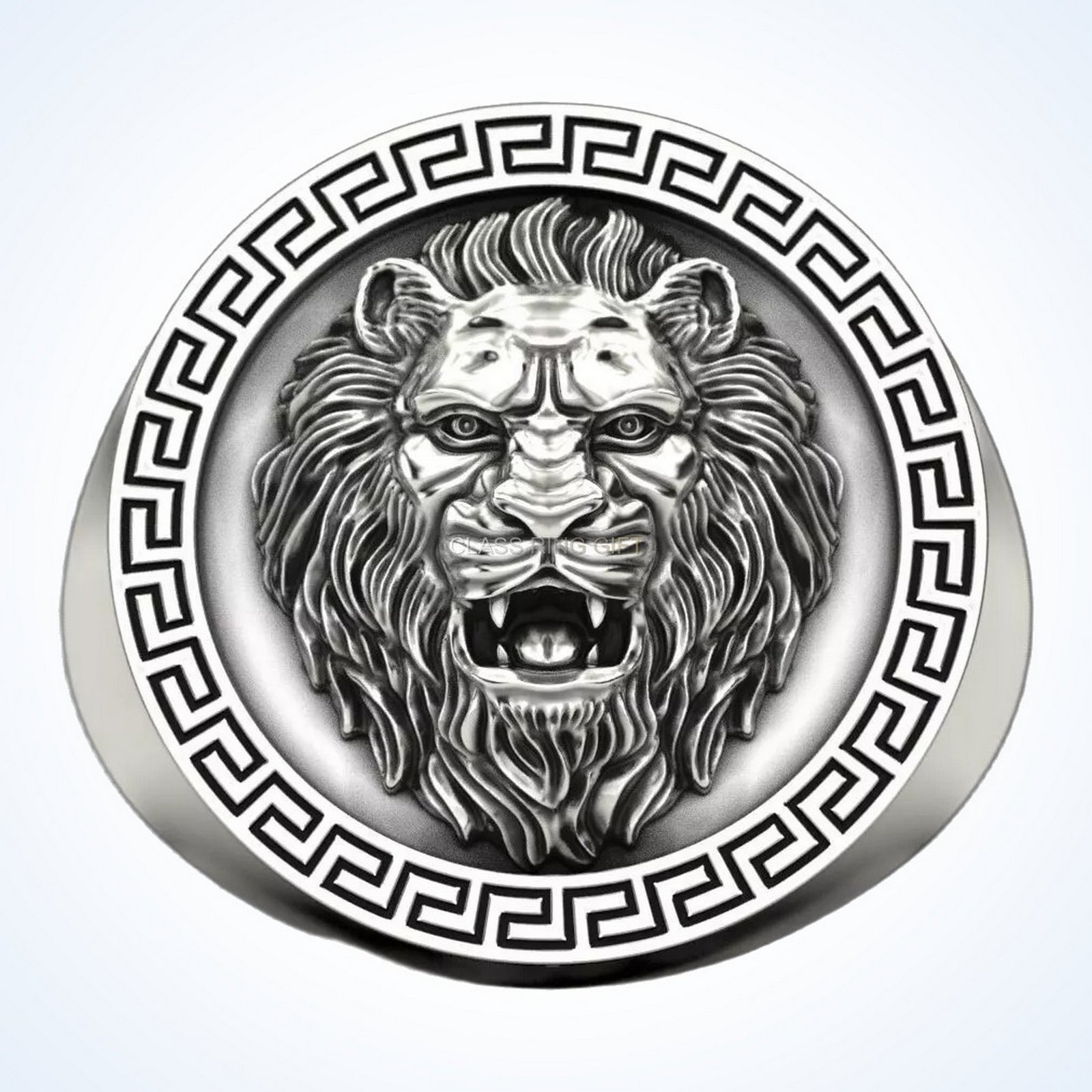 gift for him lion pendant ring, roaring lion head, Greek key border