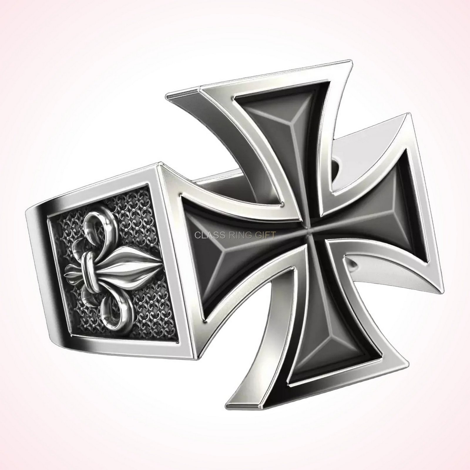 Christian gift maltese cross ring, Side profile with cross and fleur de lis detail