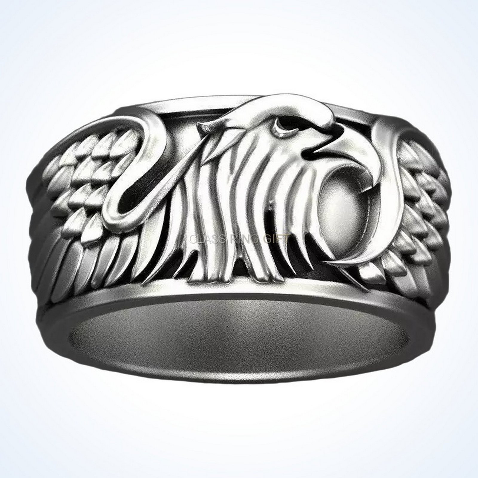 gift for him of eagle ring sterling silver with sculpted eagle head and feathered wings