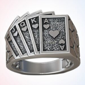 Personalized gift playing cards ring with royal flush in oxidized 925 silver