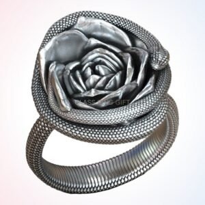 Gift for him rose flower ring with serpent wrap, handmade 925 sterling silver