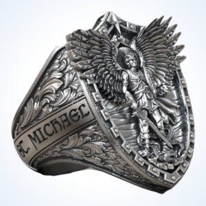 Christian gift saint archangel ring, oxidized 925 silver, archangel Michael with dragon wings