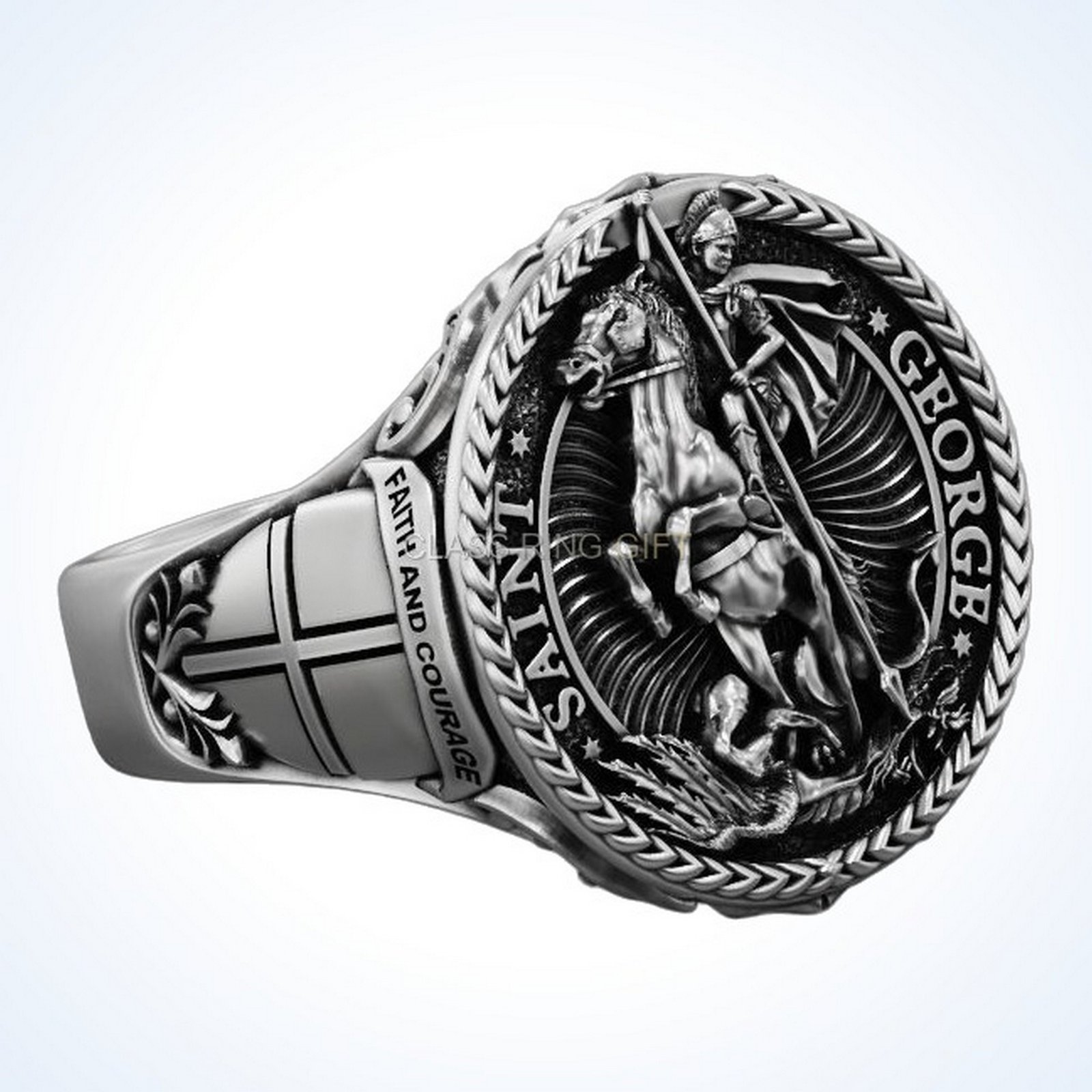 christian gift saint george ring with dragon in oxidized 925 silver