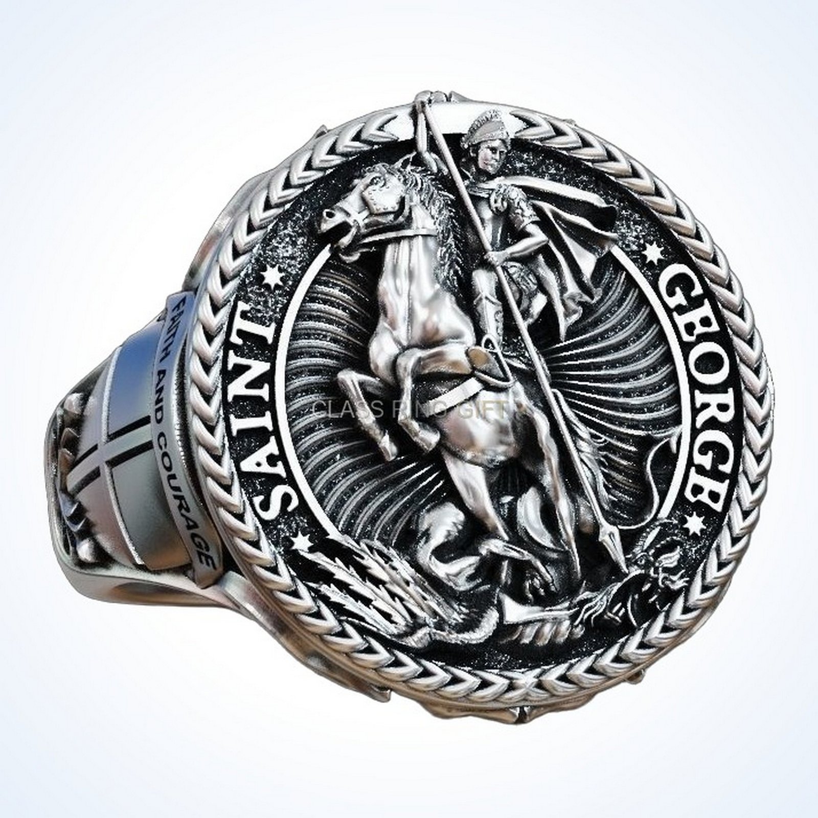 christian gift saint george ring with dragon in oxidized 925 silver