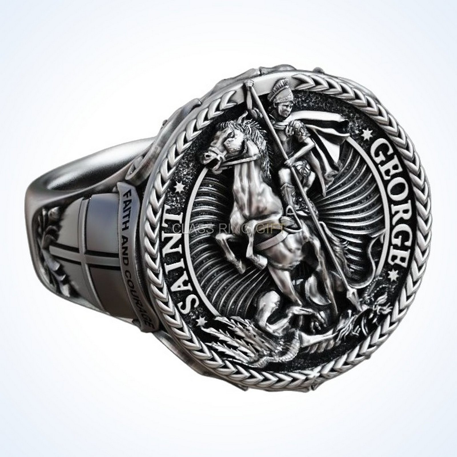 christian gift saint george ring with dragon in oxidized 925 silver