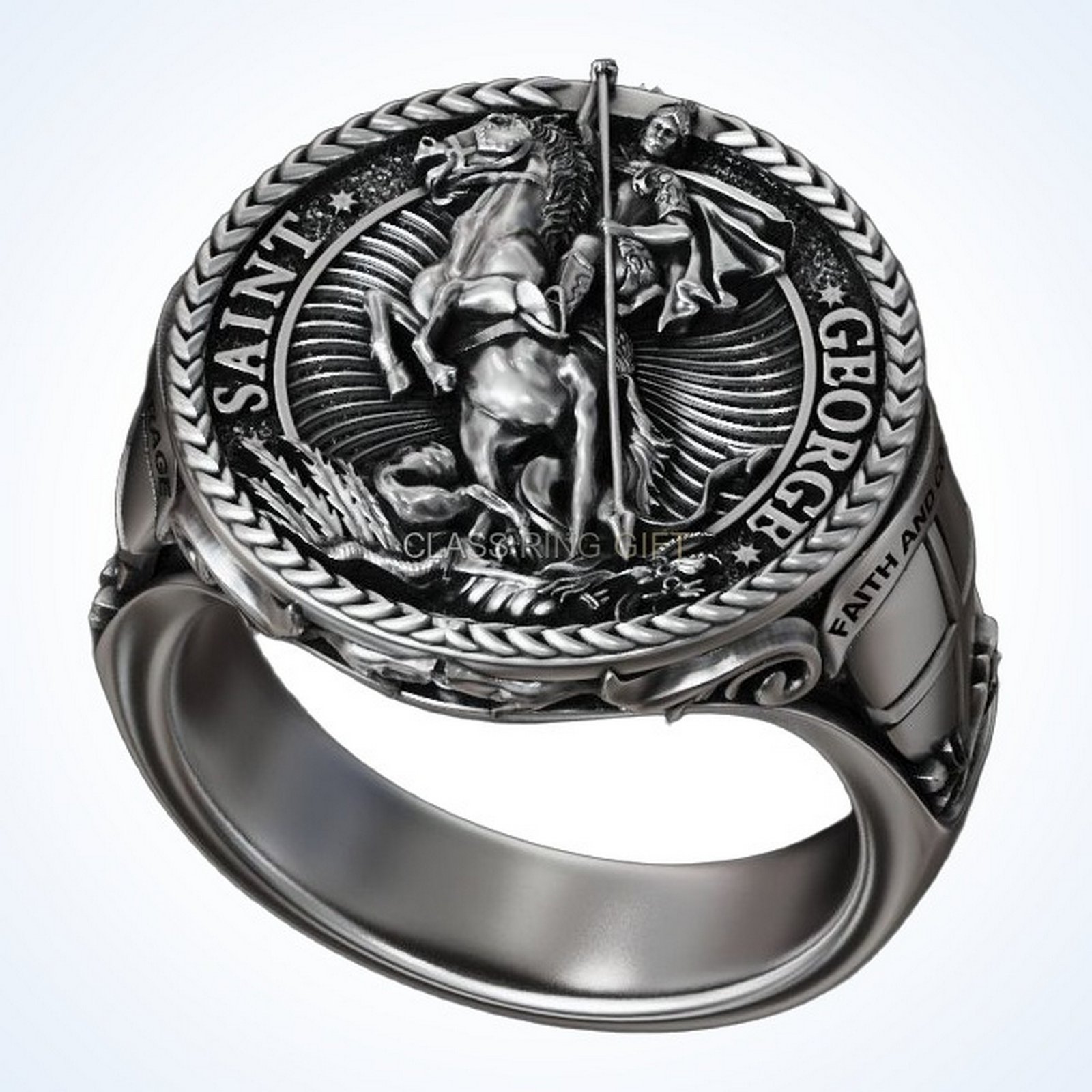 christian gift saint george ring with dragon in oxidized 925 silver