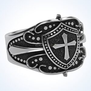 Christian gift shield cross ring in oxidized 925 sterling silver