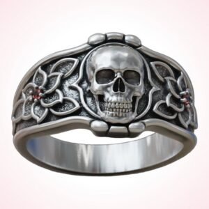Gift for him skull flowers ring, handmade 925 sterling silver statement