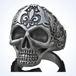 Stylish gift for him skull patterns ornate 925 silver ring with fleur-de-lis crown