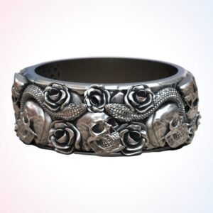 Gift for him skulls roses sterling silver ring with viper snakes