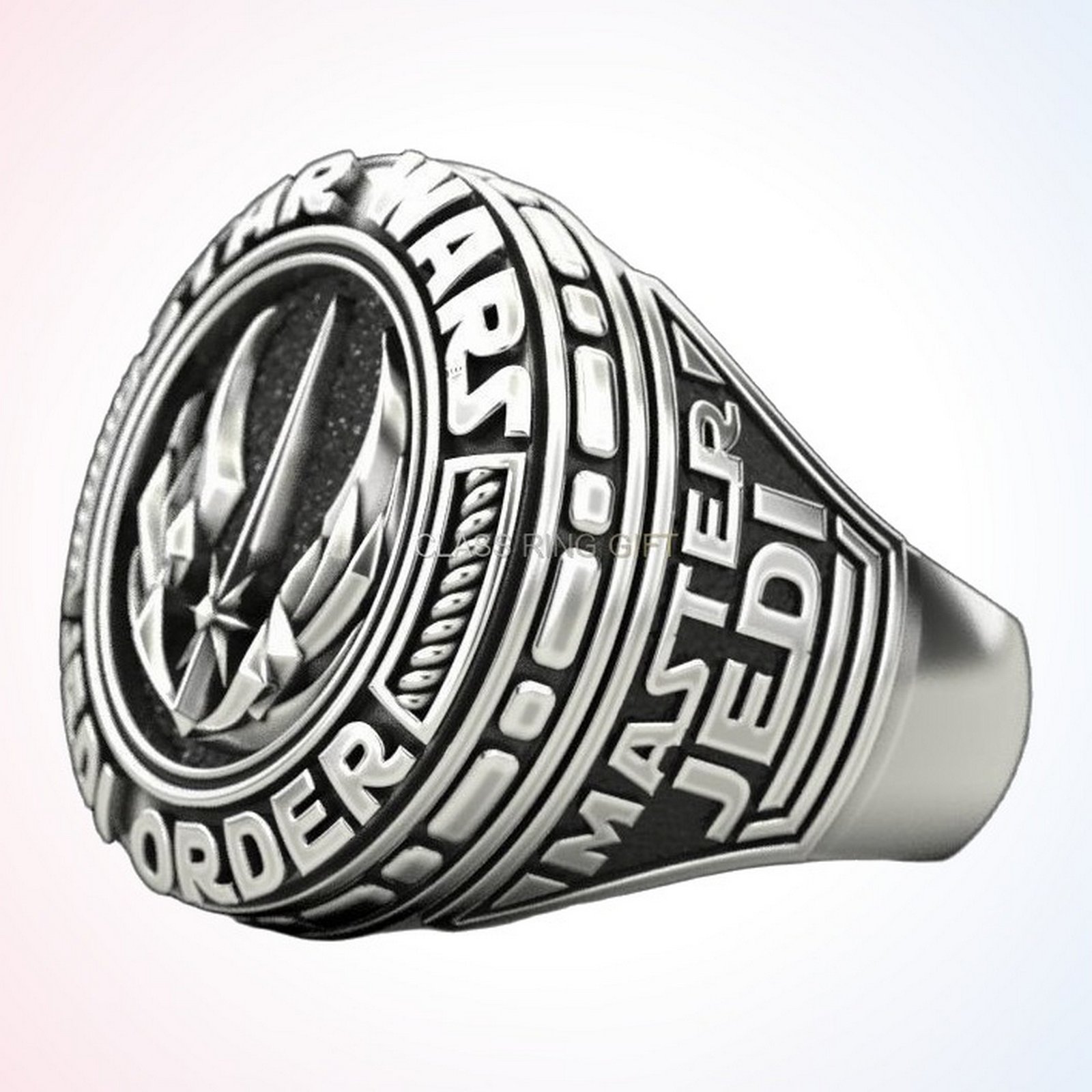 Personalized gift star wars ring, angled three-quarter view of ring face