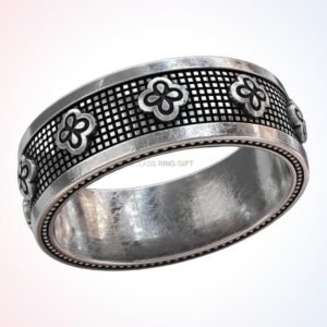 Christian gift cross ring with four-point floral crosses and lattice band, oxidized 925 silver