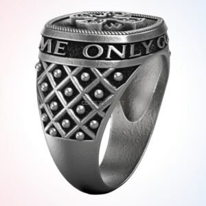 Christian gift cross patterns ring, oxidized 925 sterling silver signet with ornate cross and diamon