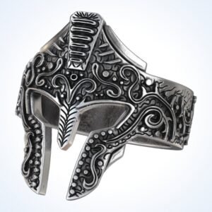 Gift for him greek knight statement ring in oxidized 925 sterling silver with ornate helmet
