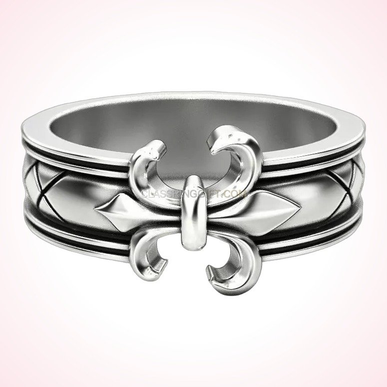 Sterling silver heraldic lily statement ring with quilted diamond border