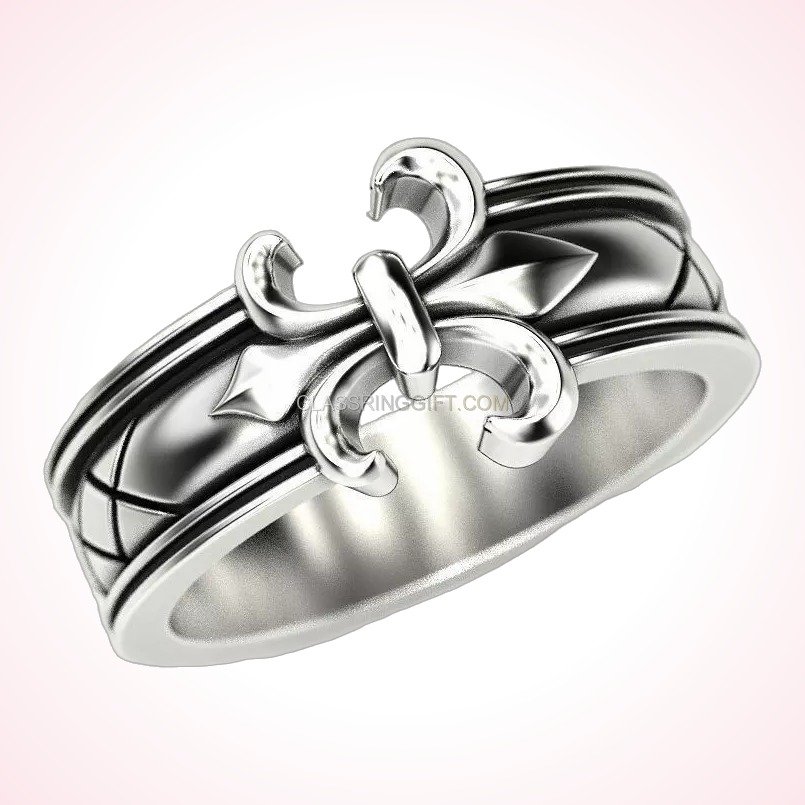 Sterling silver heraldic lily statement ring, angled perspective view