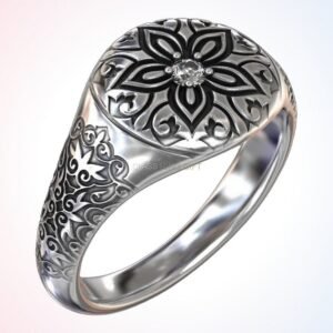 personalized gift stone ring with ornamental flower motif and engraved scrollwork, oxidized 925 silv
