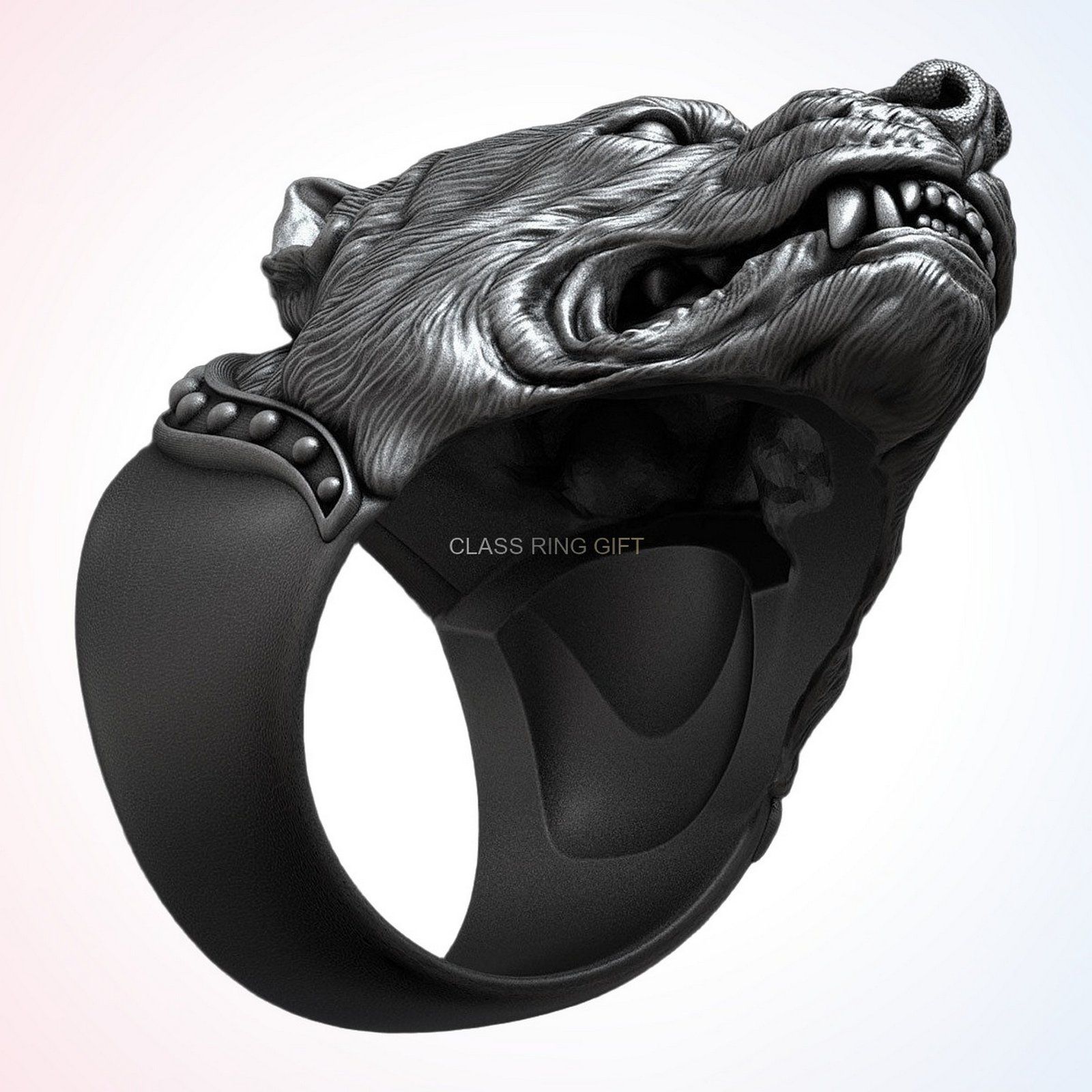 Gift for him angry pitbull ring, oxidized sterling silver with studded border