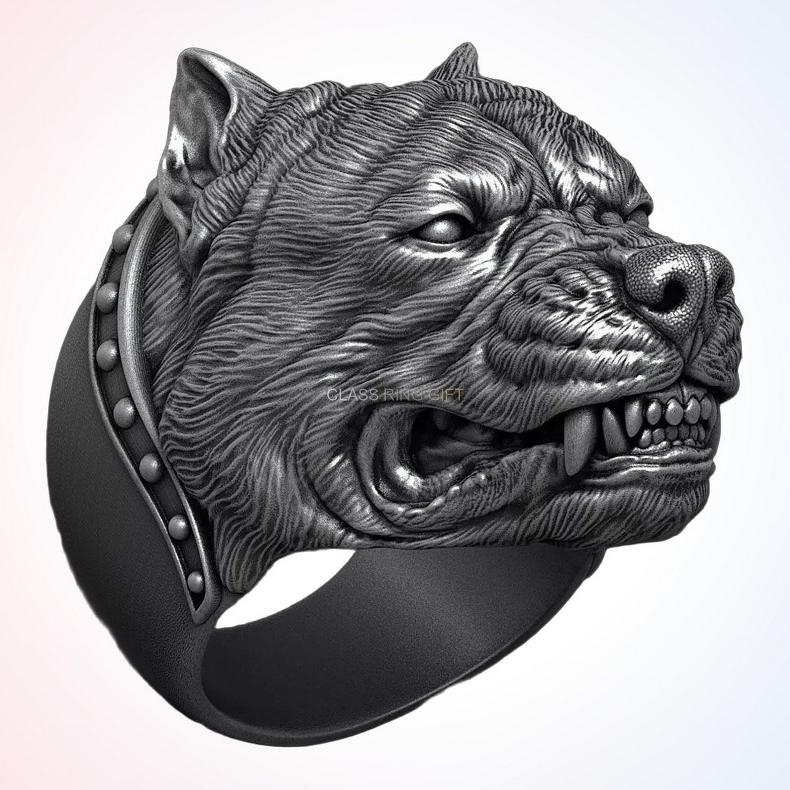 Gift for him angry pitbull, front full ring detail