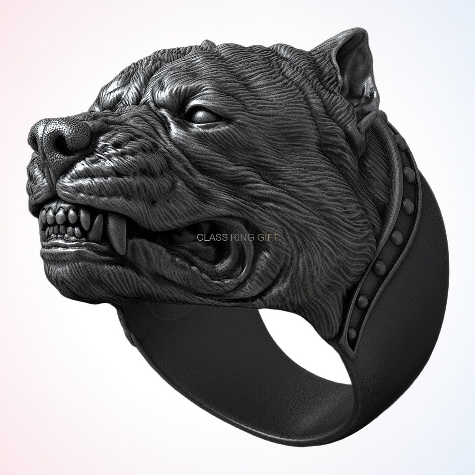 Gift for him angry pitbull ring, oxidized sterling silver with studded border