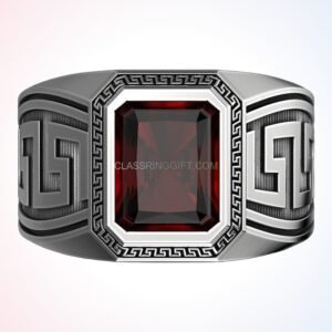 Oxidized sterling silver greek ornament ring with geometric key border detail