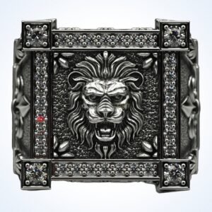 Graduation gift lion heraldic ring front view with jeweled frame