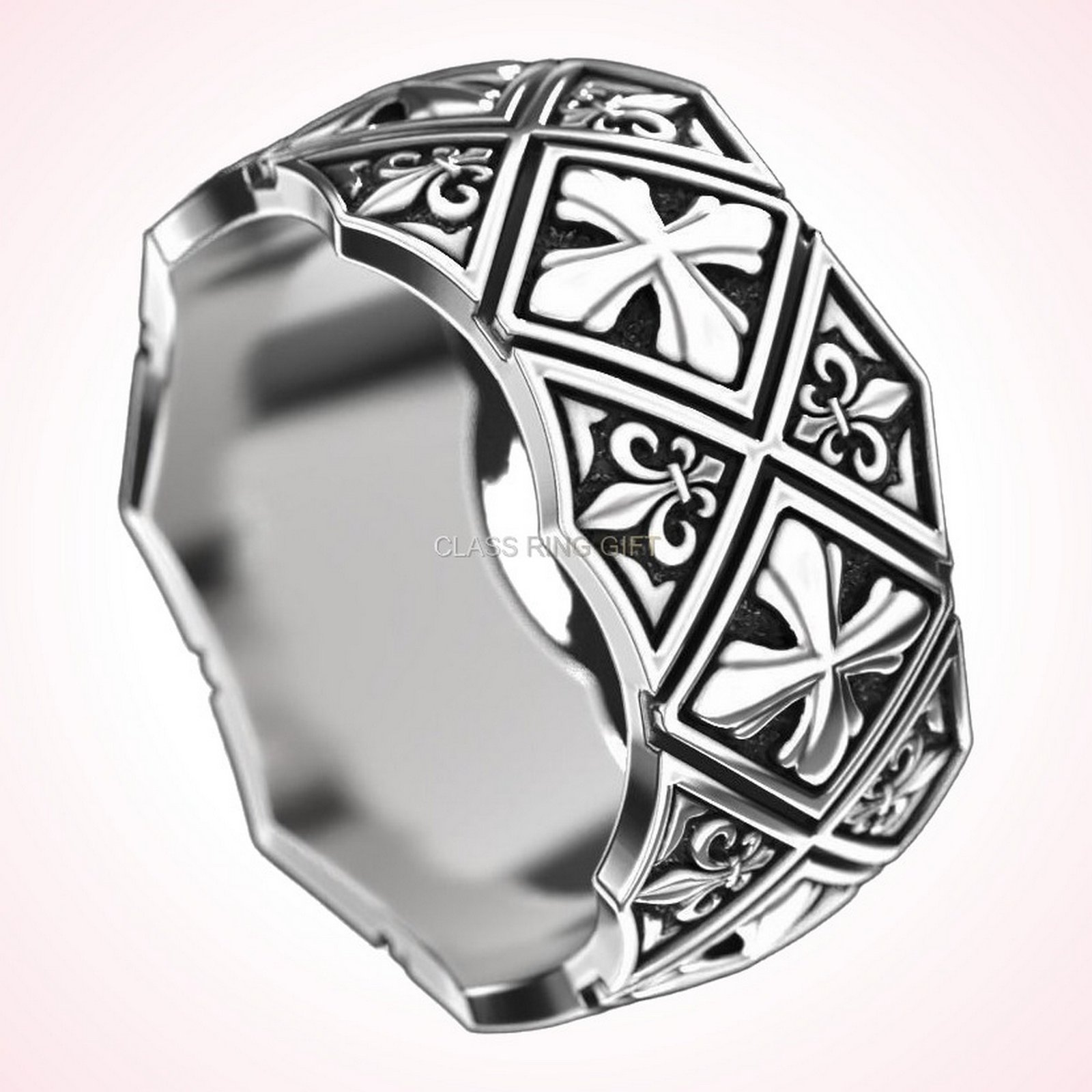 Fleur christian gift maltese cross ring, side angle showing ornate frame