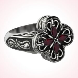 personalized gift marquise patterns ring with gemstone flower and beaded frame