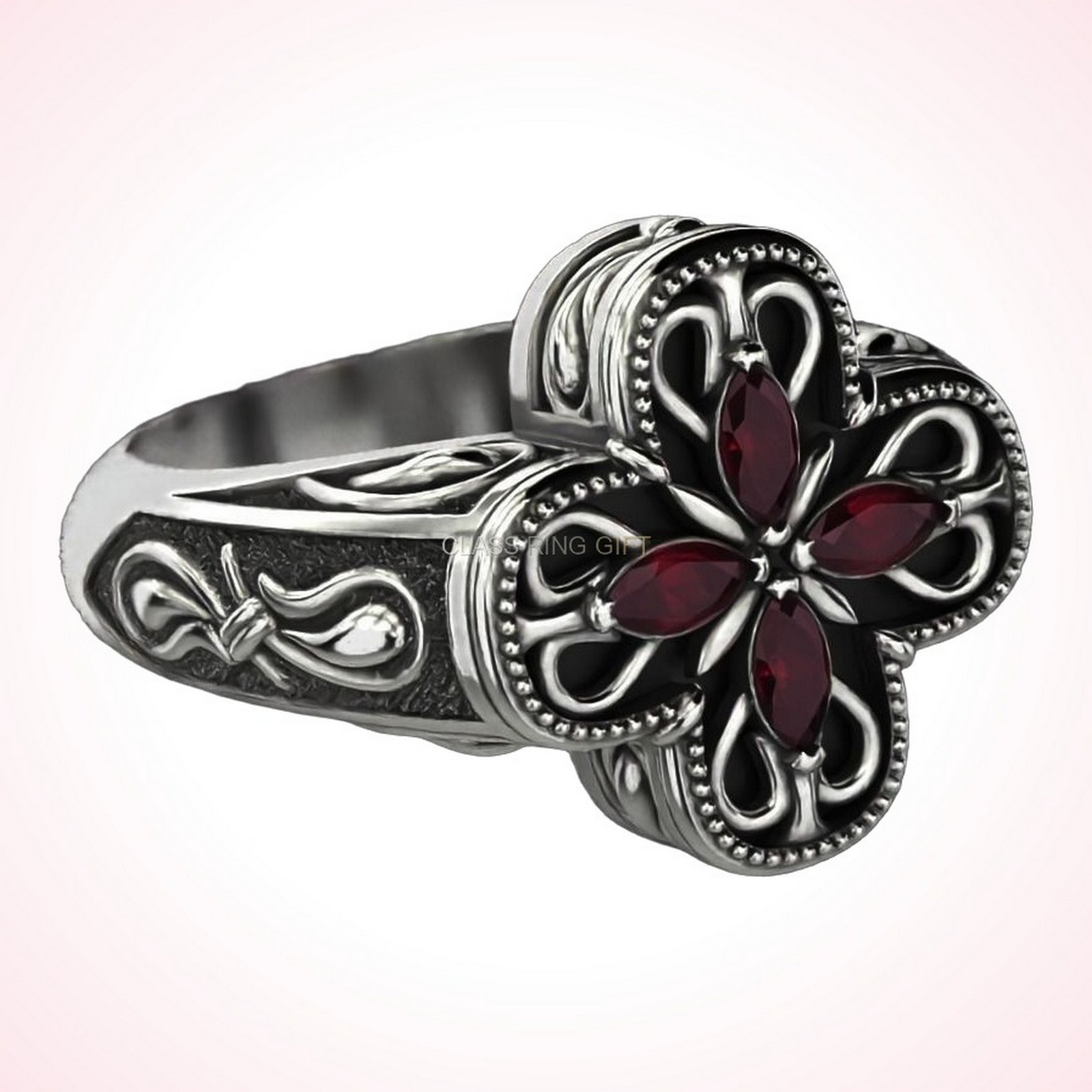 personalized gift marquise patterns ring with gemstone flower and beaded frame