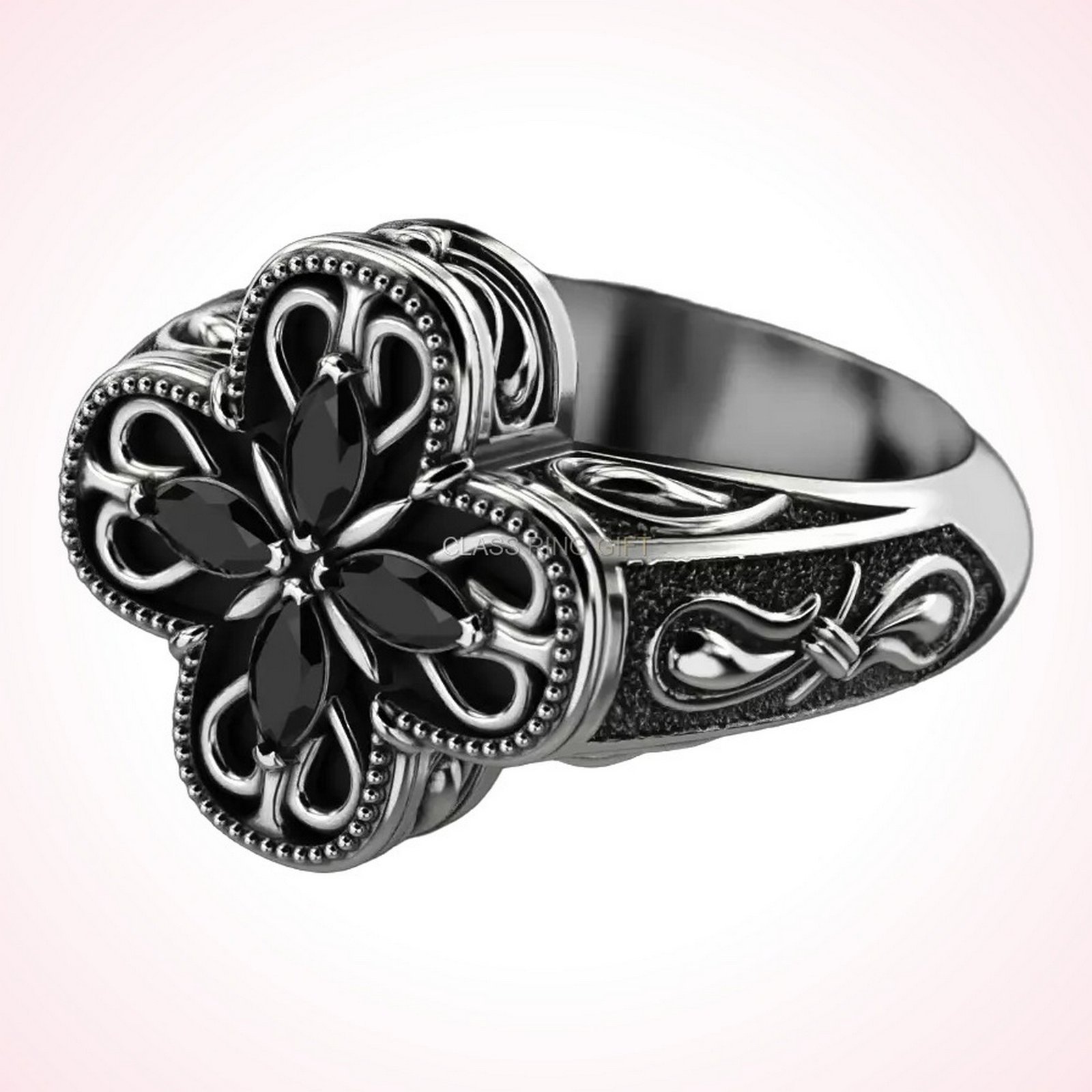 Personalized gift marquise patterns ring, side profile three-quarter angled view