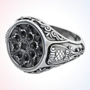 Personalized gift old fashioned ring with baroque floral medallion and filigree, oxidized 925 sterli