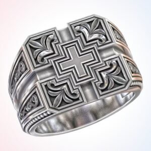 Personalized gift patterns ring with ornamental cross in oxidized 925 sterling silver