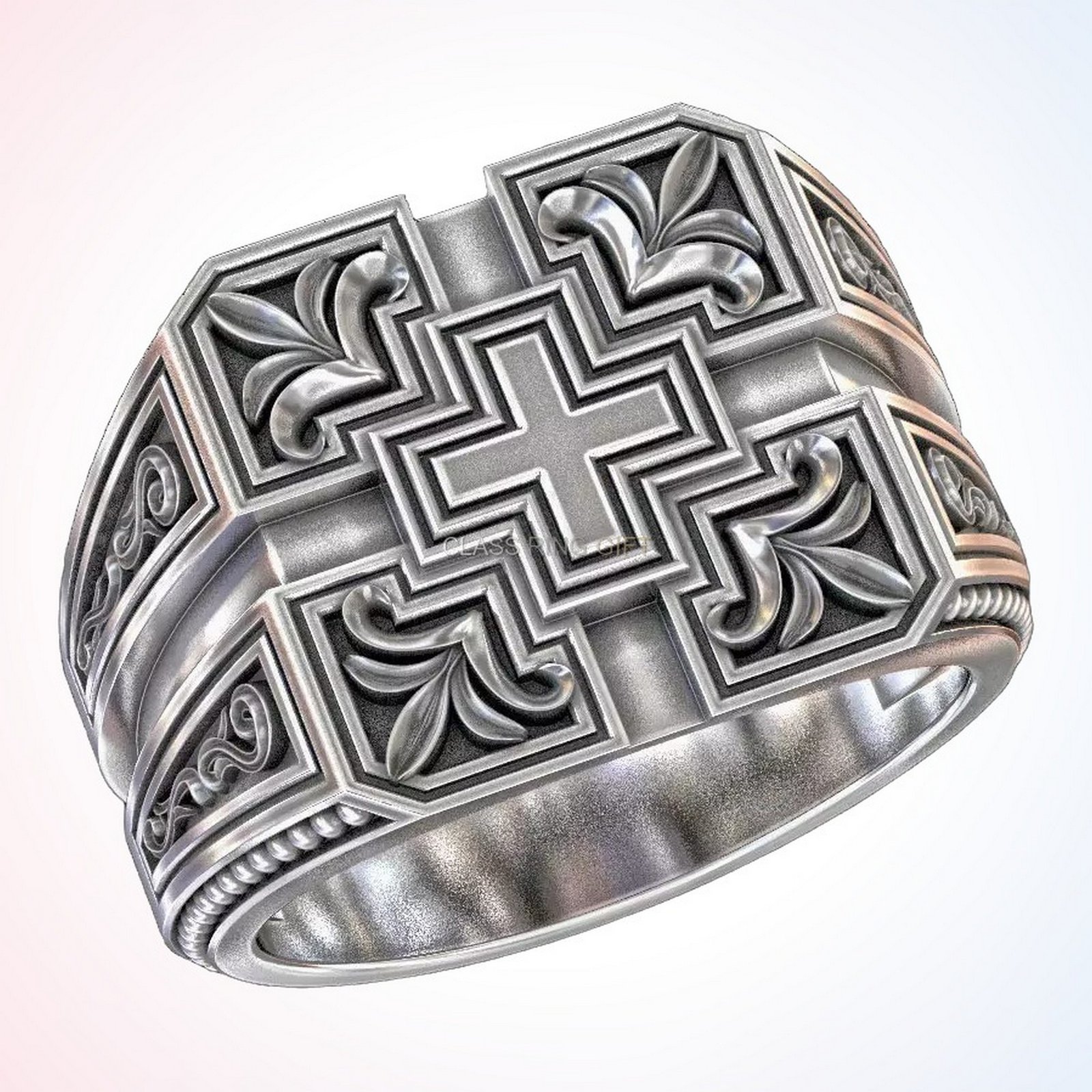 Personalized gift patterns ring with ornamental cross in oxidized 925 sterling silver