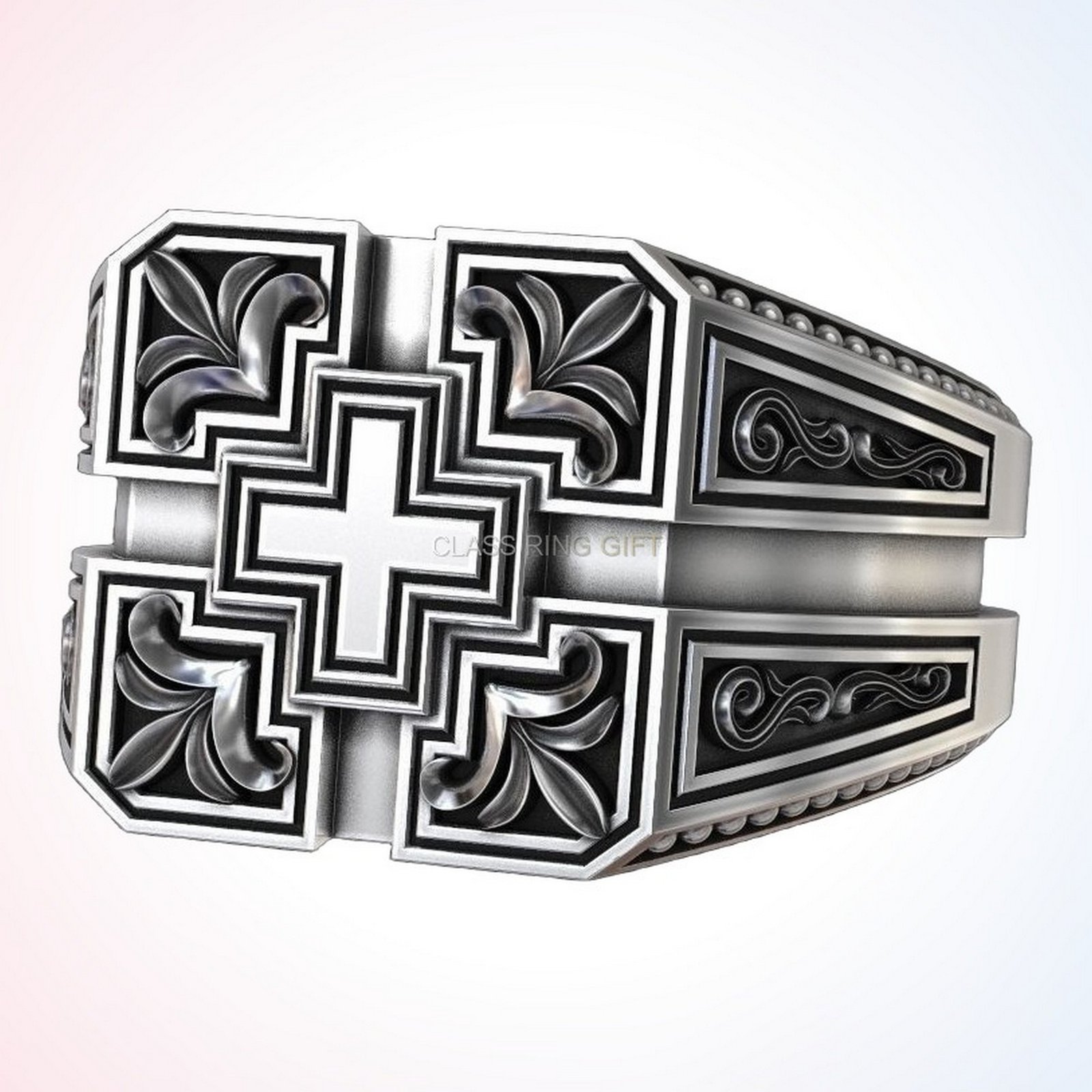 Personalized gift patterns ring, angled three-quarter front view of cross pattern