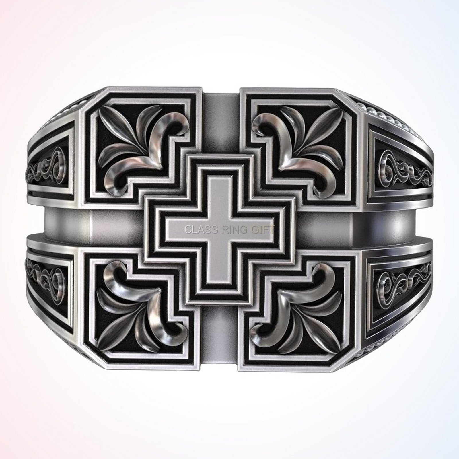 Personalized gift patterns ring, bottom view of oxidized silver band