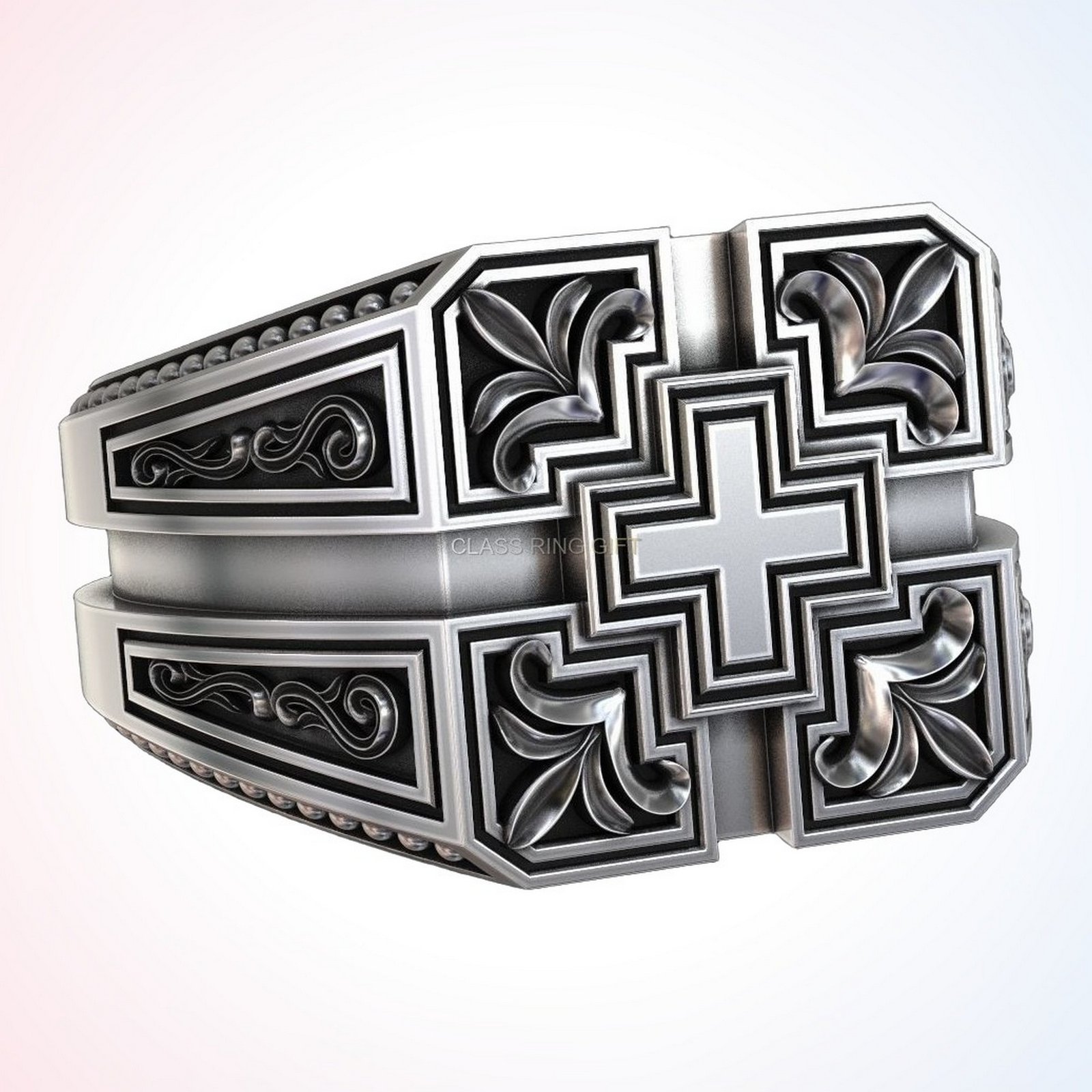 Personalized gift patterns ring with ornamental cross in oxidized 925 sterling silver
